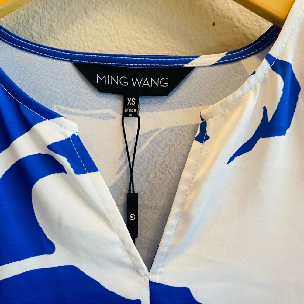 MING WANG NWT Blue White Abstract Print Silky Split Neck Ruffle Sleeve Blouse - Picture 4 of 8